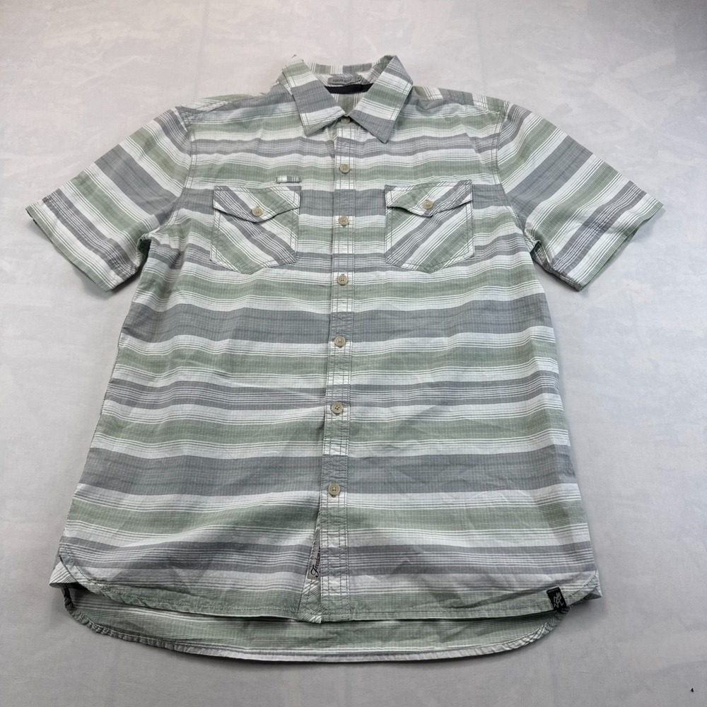 Gramicci Shirt Mens Medium Green Gray Striped Short Sleeve Collared Button Up